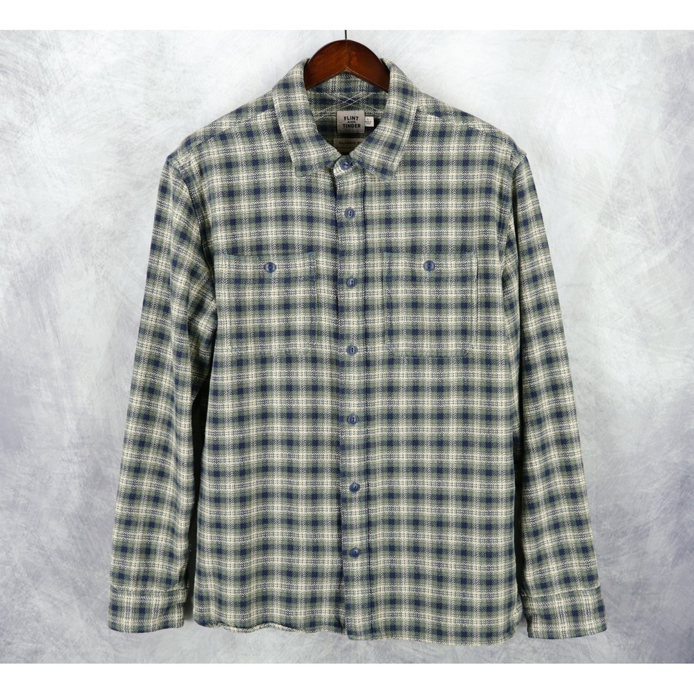 Flint and Tinder Flannel Shirt Mens Large Green Blue Plaid Classic Fit Cotton